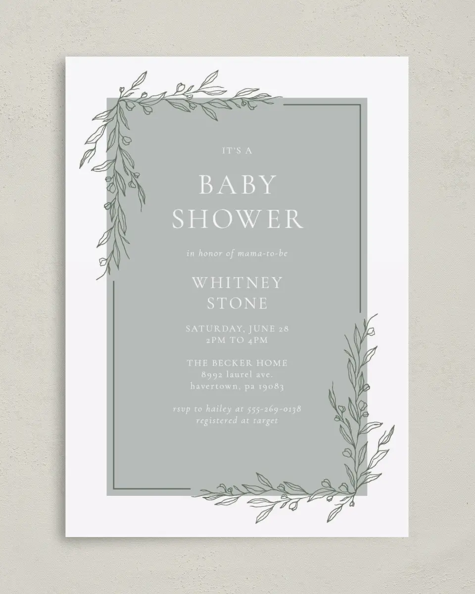 This is a 5" x 7" Baby Shower Invitation called Baby Branches printed in full color with Silver foil on Luxe Satin (coated) paper
