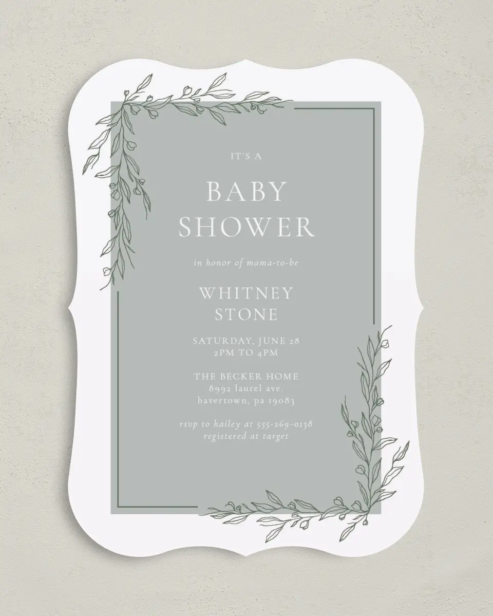 This is a 5" x 7" Baby Shower Invitation called Baby Branches printed in full color on Premium Smooth paper