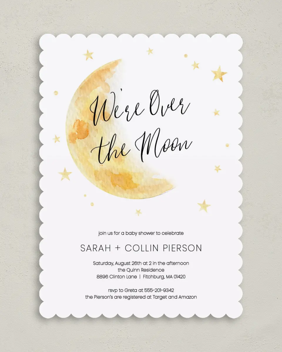 This is a 5" x 7" Baby Shower Invitation called Over the Moon printed in full color on Premium Smooth paper
