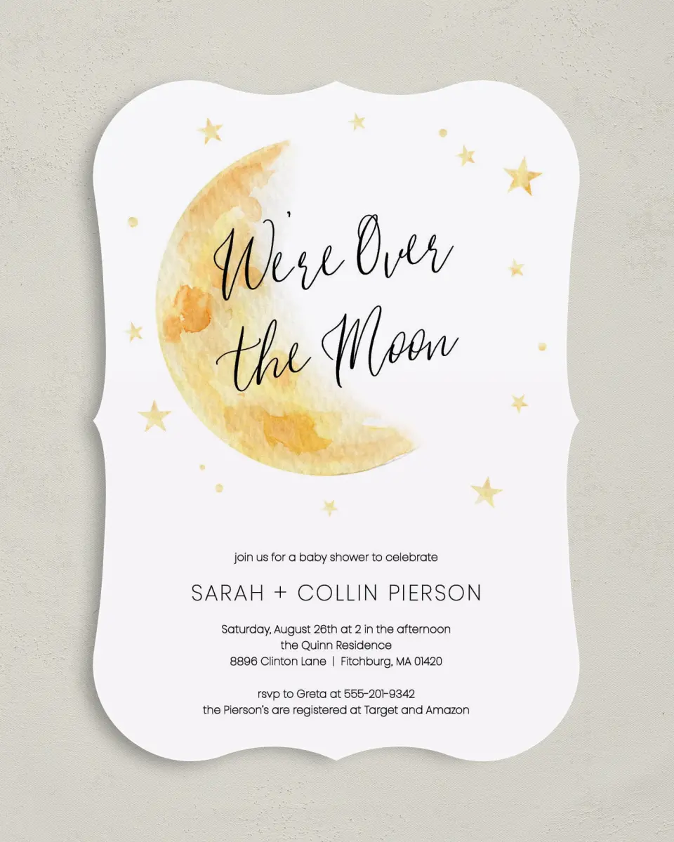 This is a 5" x 7" Baby Shower Invitation called Over the Moon printed in full color on Premium Smooth paper