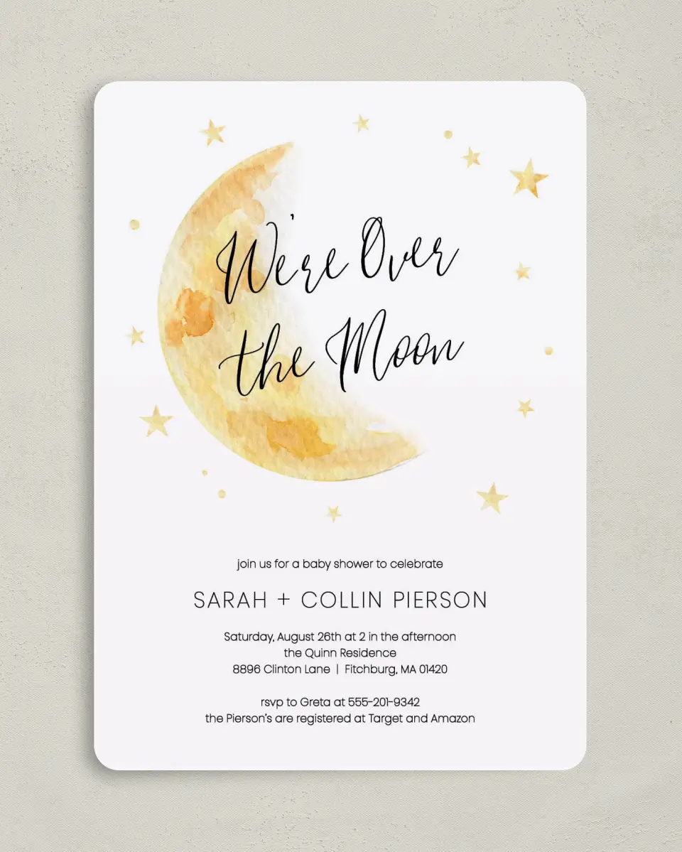 This is a 5" x 7" Baby Shower Invitation called Over the Moon printed in full color on Premium Smooth paper