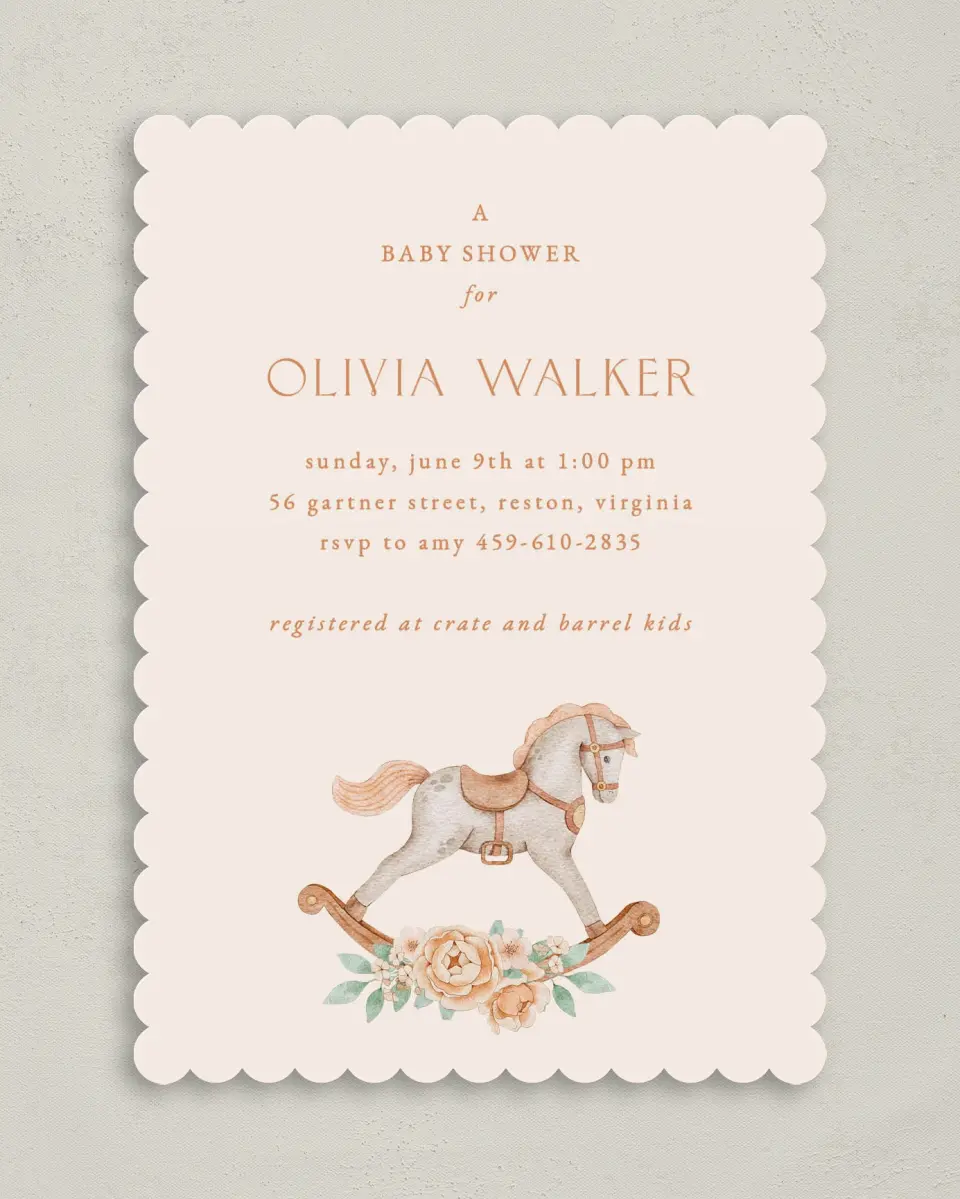 This is a 5" x 7" Baby Shower Invitation called Rocking Horse printed in full color on Premium Smooth paper