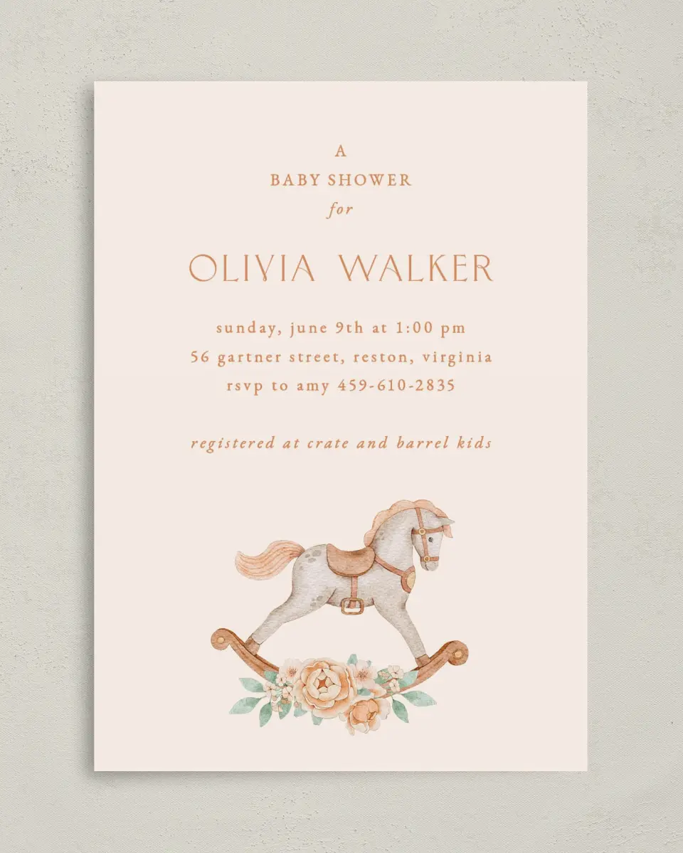 This is a 5" x 7" Baby Shower Invitation called Rocking Horse printed in full color on Premium Smooth paper