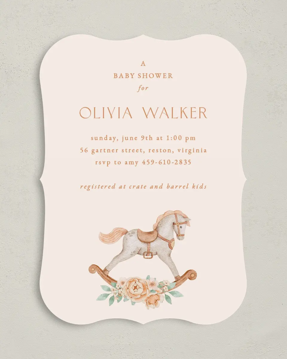 This is a 5" x 7" Baby Shower Invitation called Rocking Horse printed in full color on Premium Smooth paper
