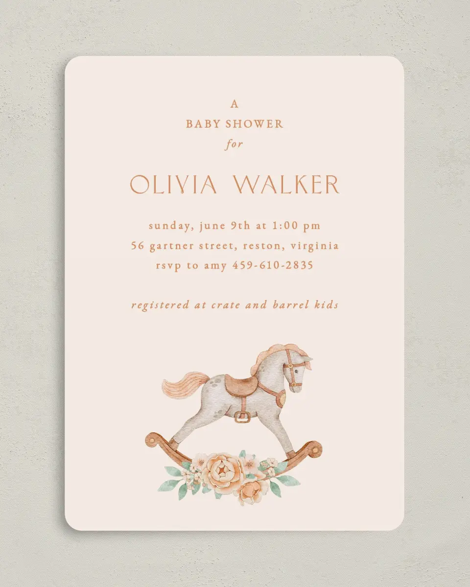 This is a 5" x 7" Baby Shower Invitation called Rocking Horse printed in full color on Premium Smooth paper