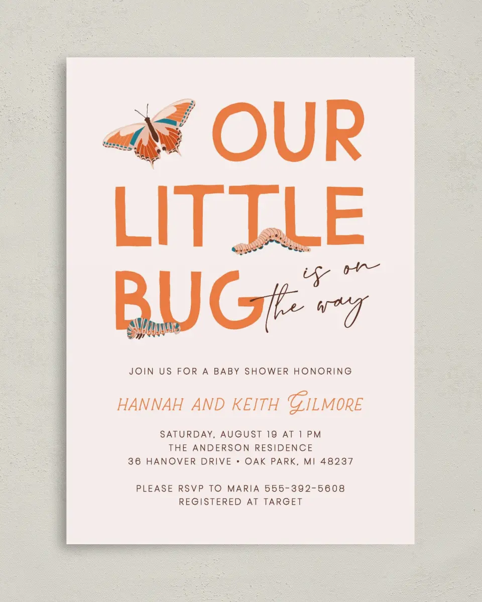 This is a 5" x 7" Baby Shower Invitation called Little Bug printed in full color on Premium Smooth paper