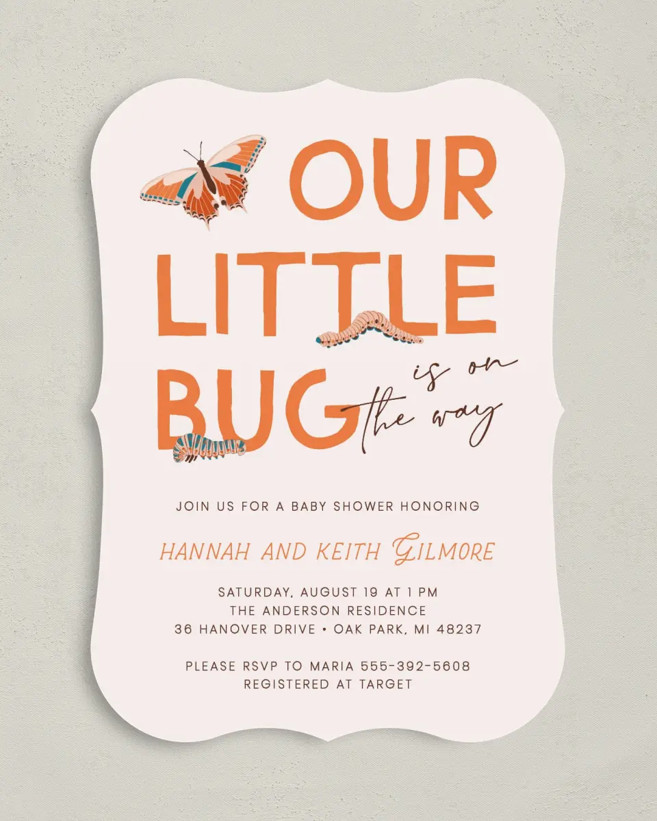 This is a 5" x 7" Baby Shower Invitation called Little Bug printed in full color on Premium Smooth paper