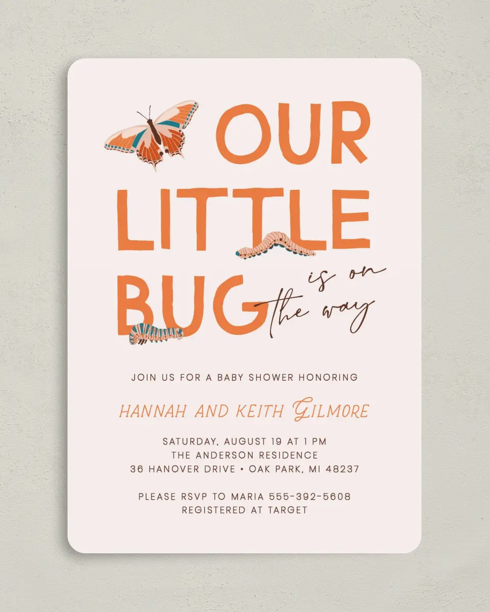 This is a 5" x 7" Baby Shower Invitation called Little Bug printed in full color on Premium Smooth paper