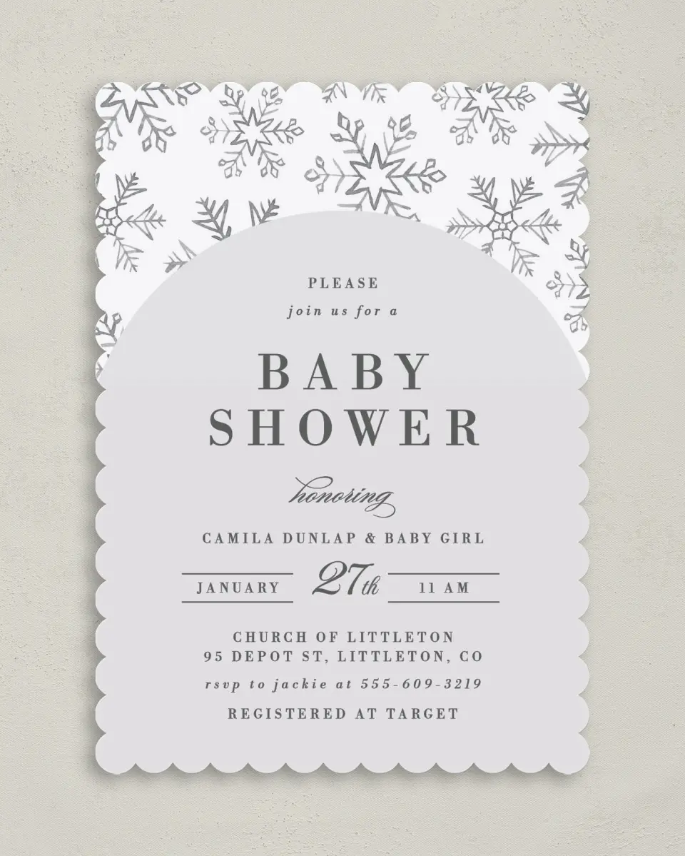 This is a 5" x 7" Baby Shower Invitation called Snowflake Shower printed in full color on Premium Smooth paper