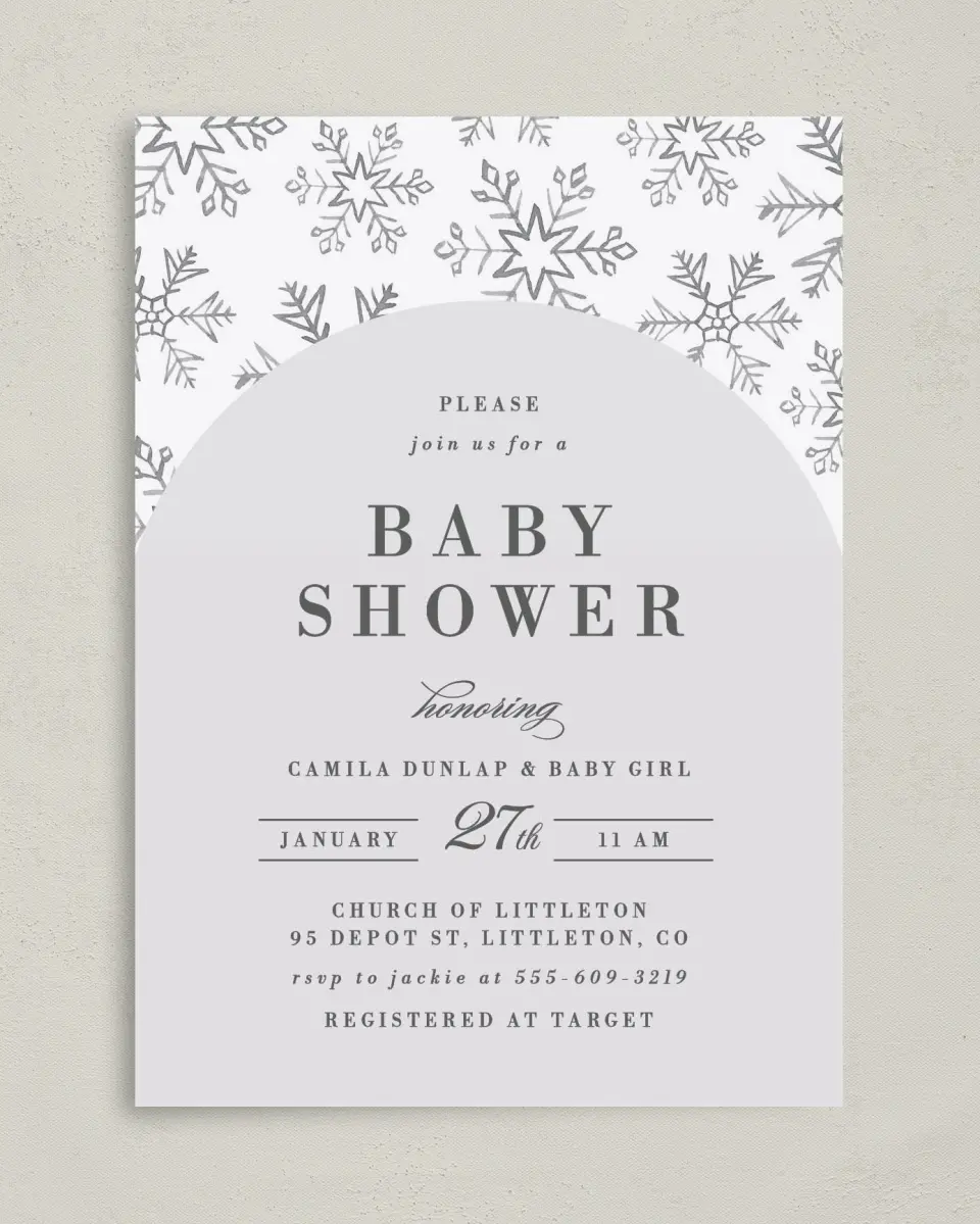 This is a 5" x 7" Baby Shower Invitation called Snowflake Shower printed in full color on Premium Smooth paper