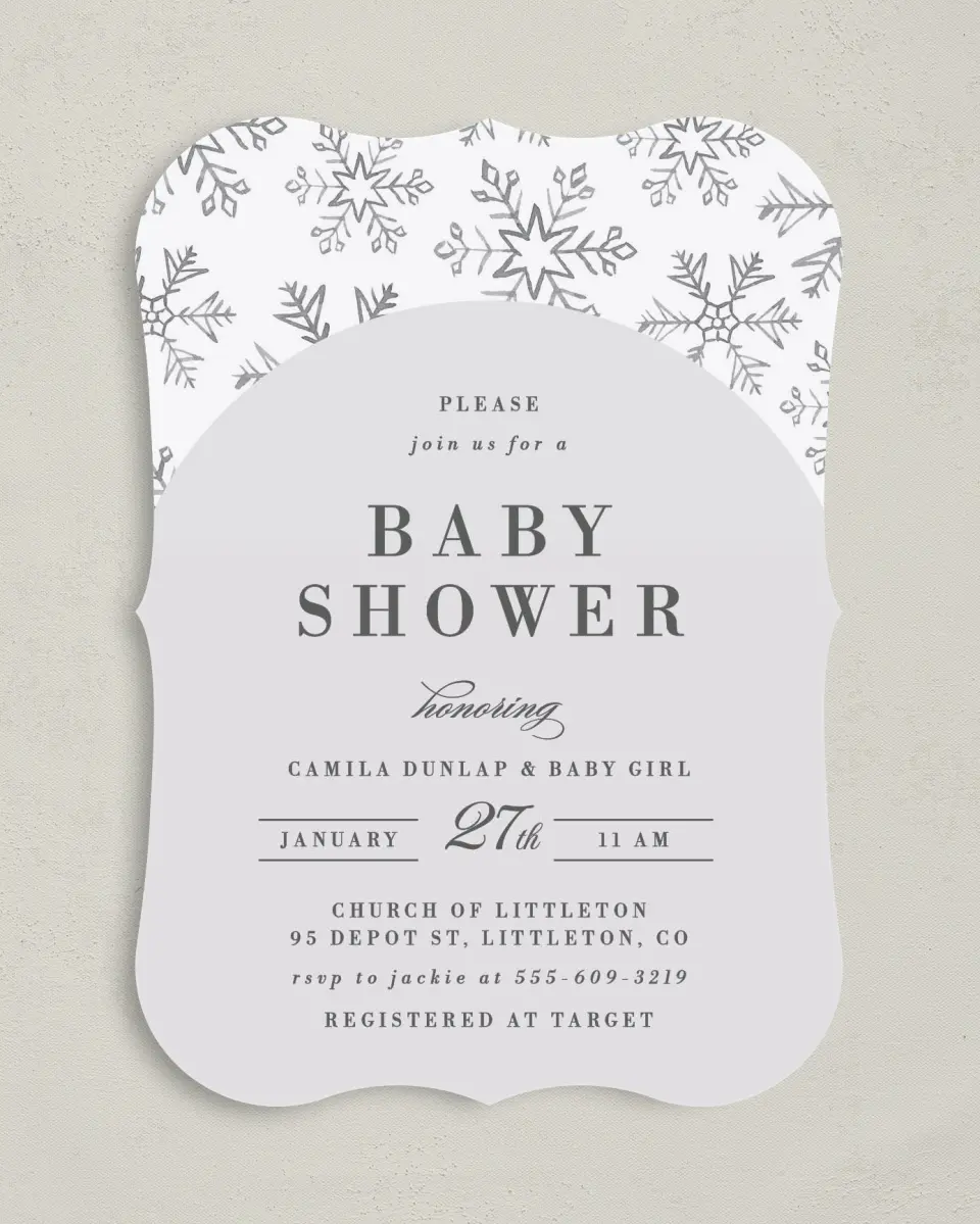 This is a 5" x 7" Baby Shower Invitation called Snowflake Shower printed in full color on Premium Smooth paper