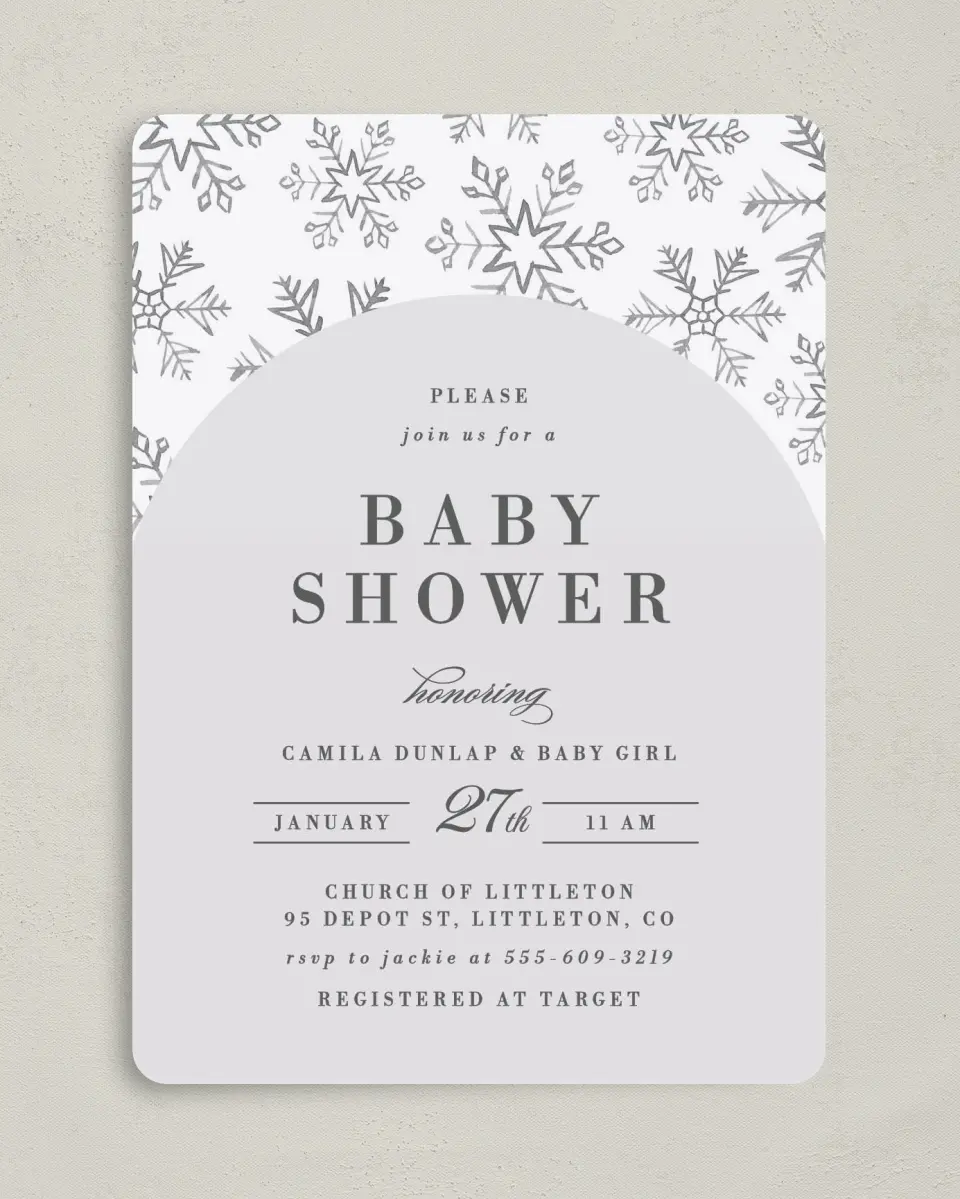 This is a 5" x 7" Baby Shower Invitation called Snowflake Shower printed in full color on Premium Smooth paper