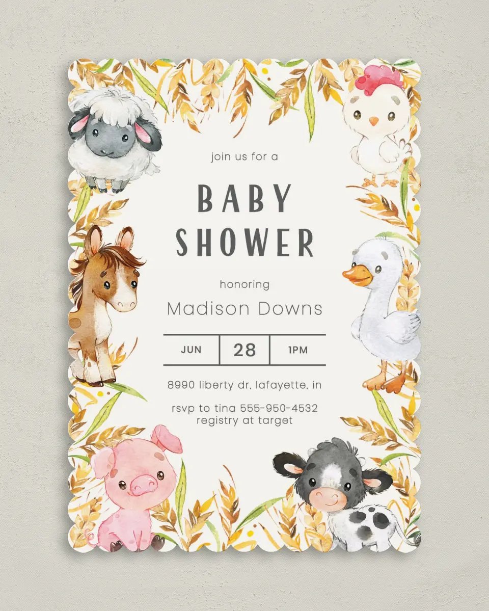 This is a 5" x 7" Baby Shower Invitation called Farm Frame printed in full color on Premium Smooth paper