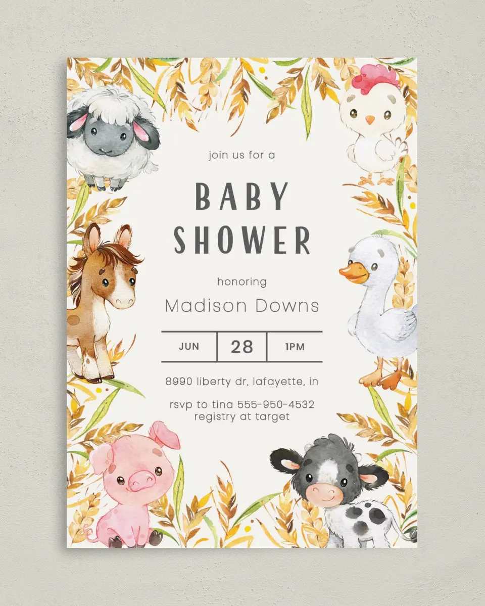 This is a 5" x 7" Baby Shower Invitation called Farm Frame printed in full color on Premium Smooth paper