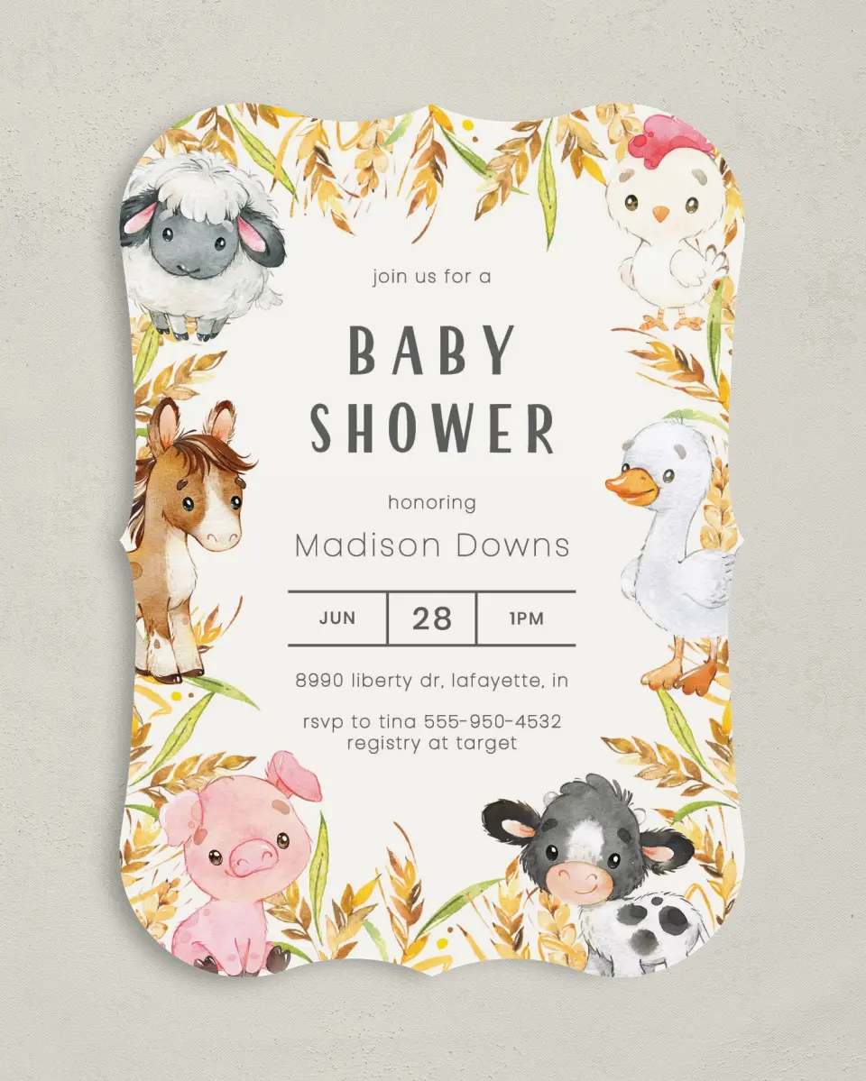 This is a 5" x 7" Baby Shower Invitation called Farm Frame printed in full color on Premium Smooth paper