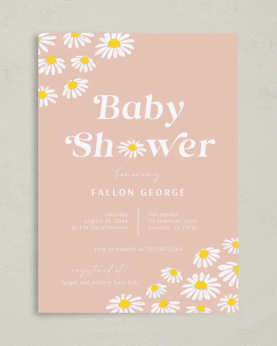 This is a 5" x 7" Baby Shower Invitation called Daisy Crazy printed in full color on Premium Smooth paper