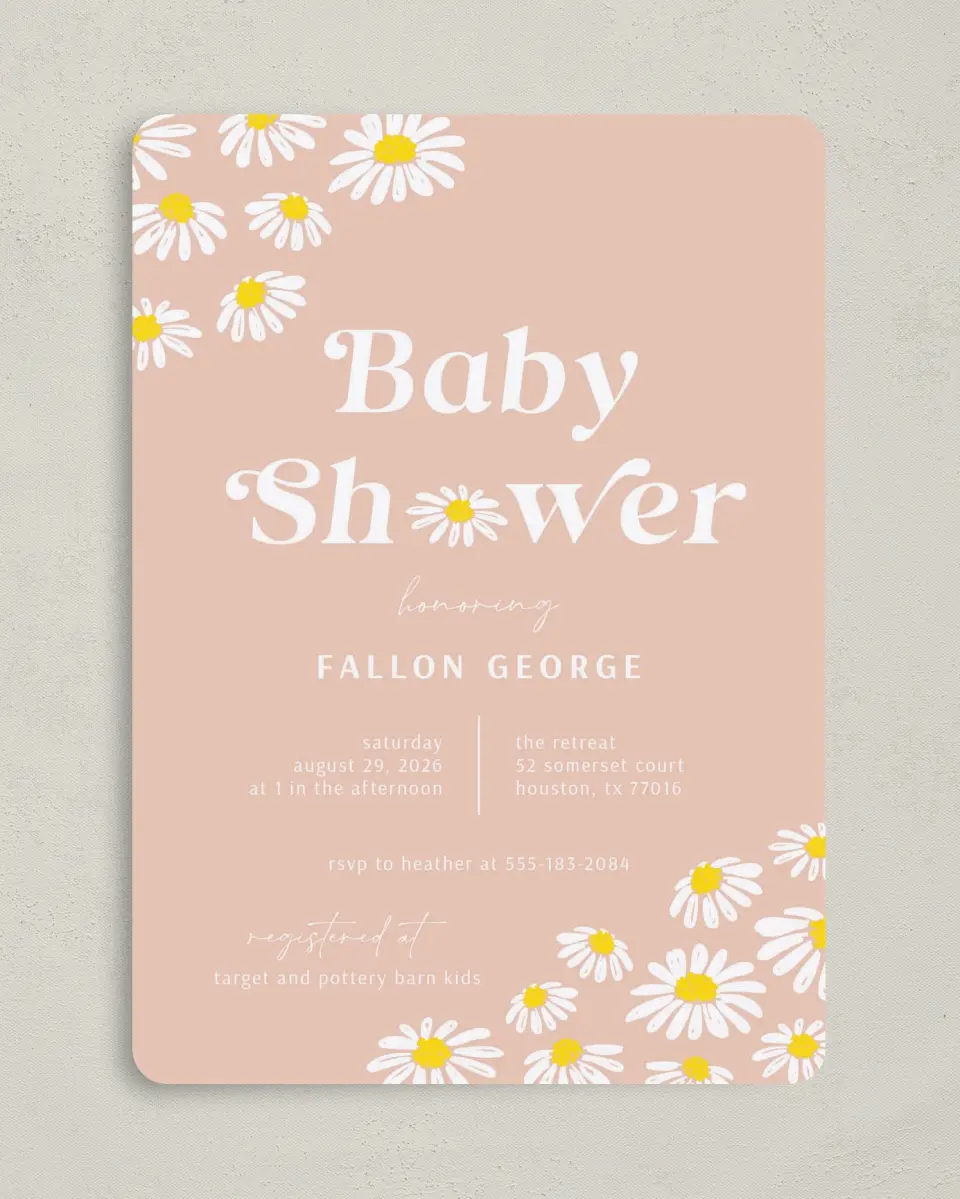 This is a 5" x 7" Baby Shower Invitation called Daisy Crazy printed in full color on Premium Smooth paper
