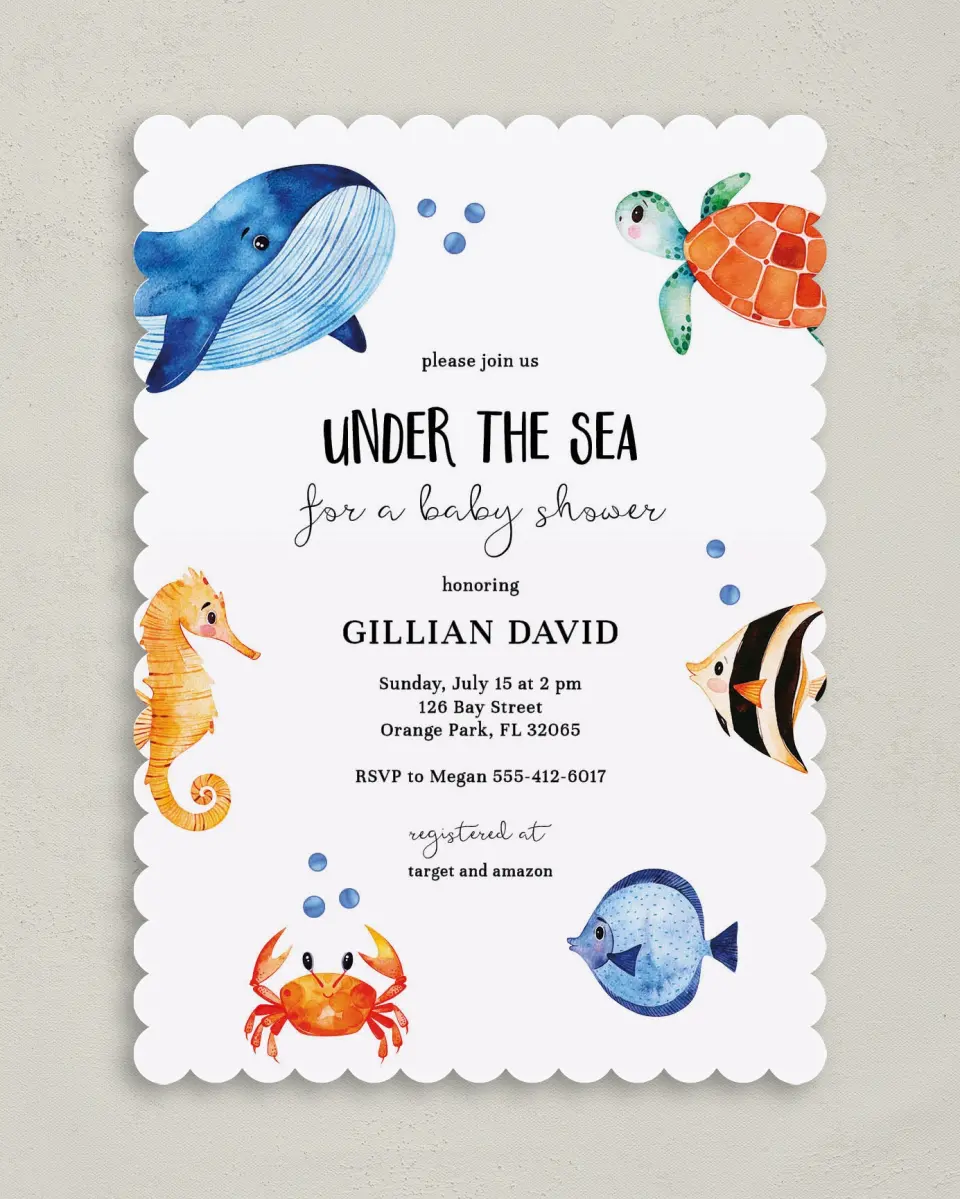 This is a 5" x 7" Baby Shower Invitation called Submerged Shower printed in full color on Premium Smooth paper