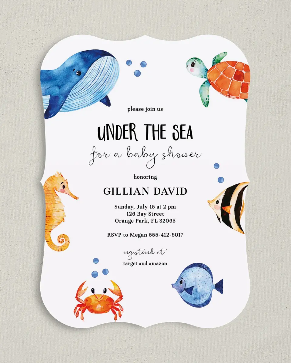 This is a 5" x 7" Baby Shower Invitation called Submerged Shower printed in full color on Premium Smooth paper