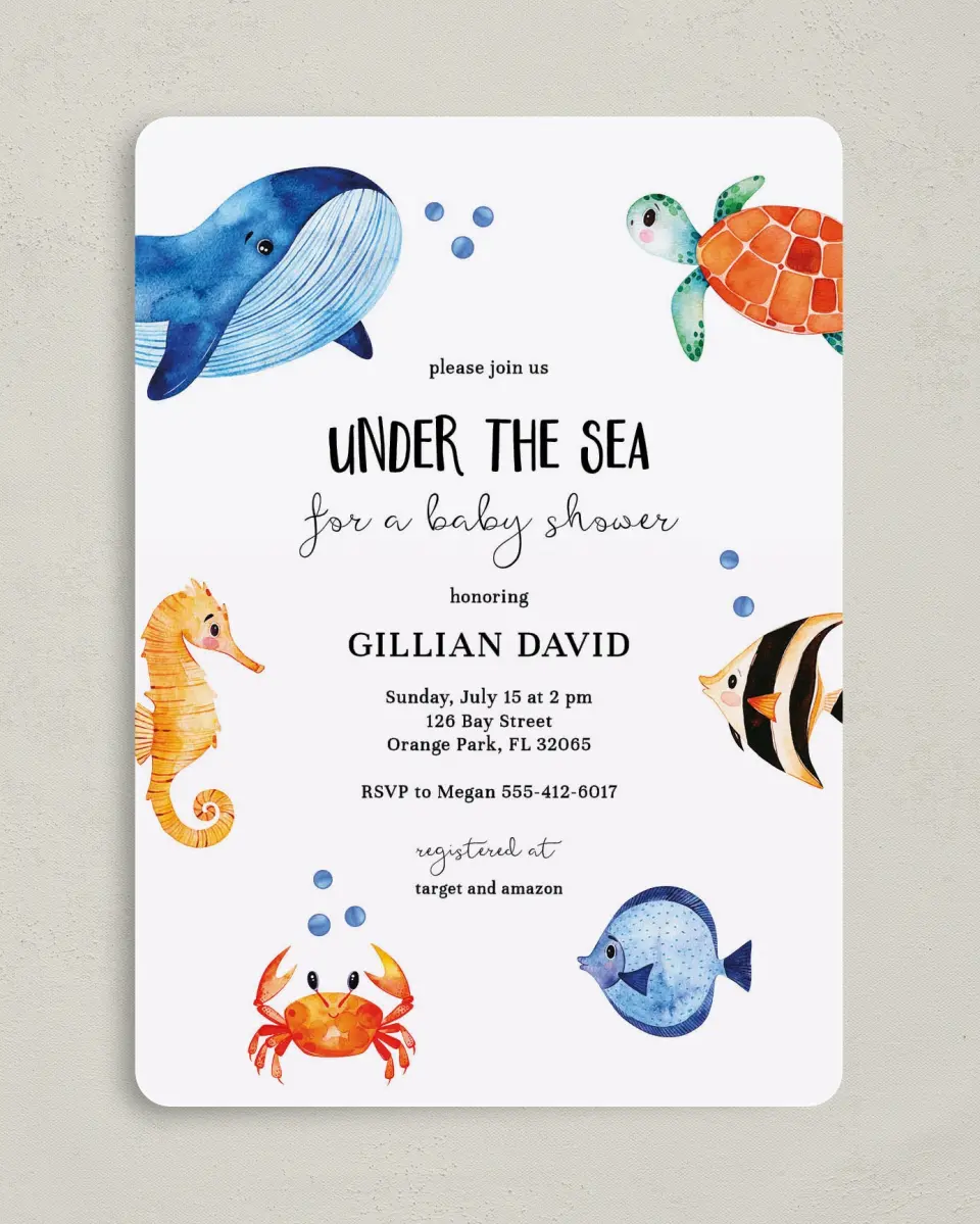 This is a 5" x 7" Baby Shower Invitation called Submerged Shower printed in full color on Premium Smooth paper