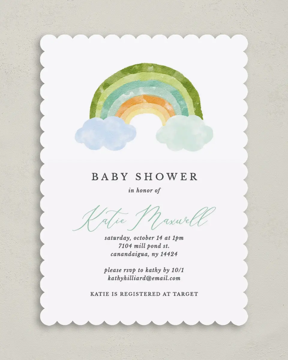 This is a 5" x 7" Baby Shower Invitation called Rainbow Baby printed in full color on Premium Smooth paper