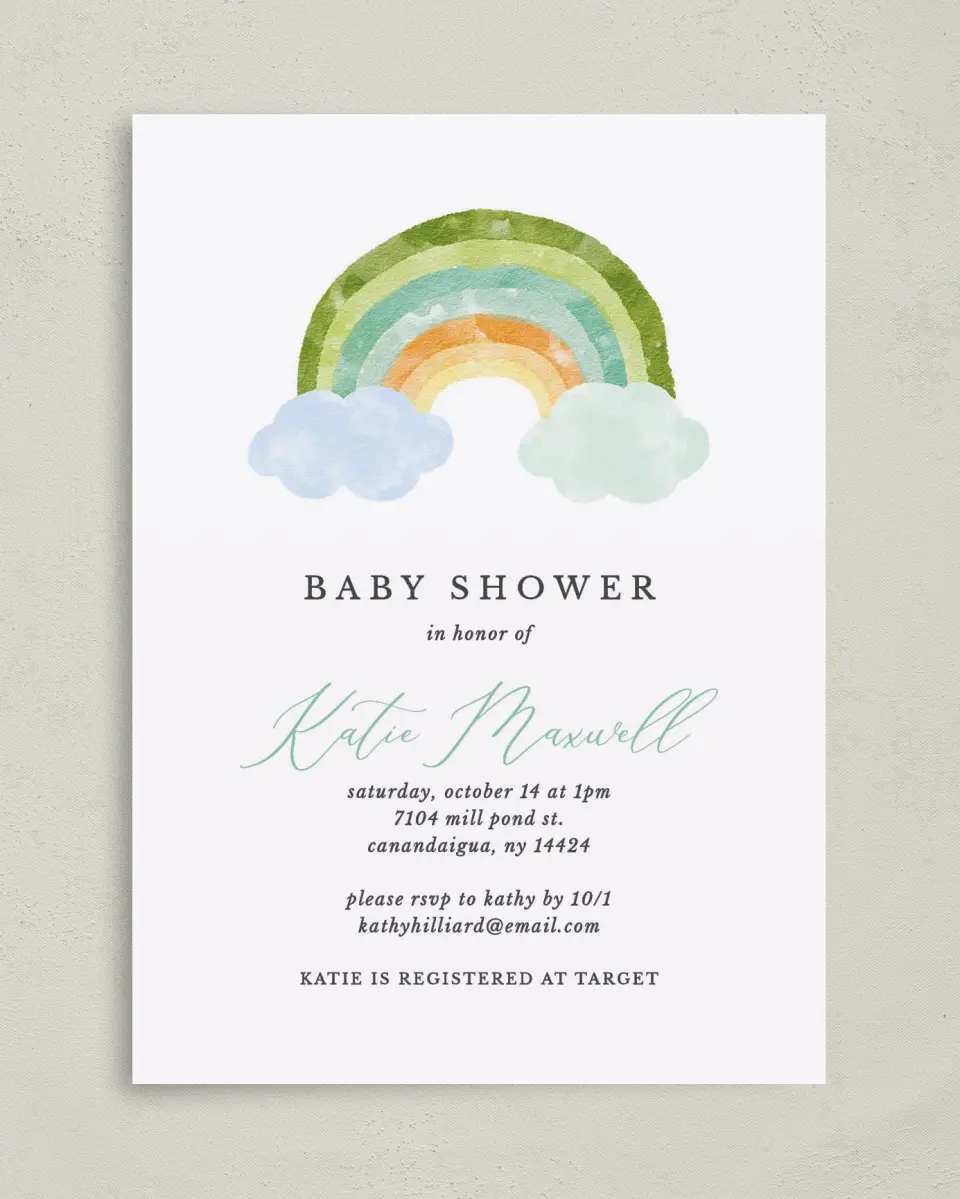 This is a 5" x 7" Baby Shower Invitation called Rainbow Baby printed in full color on Premium Smooth paper