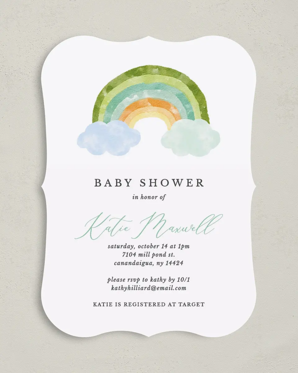 This is a 5" x 7" Baby Shower Invitation called Rainbow Baby printed in full color on Premium Smooth paper