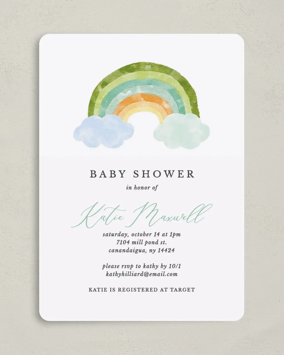 This is a 5" x 7" Baby Shower Invitation called Rainbow Baby printed in full color on Premium Smooth paper