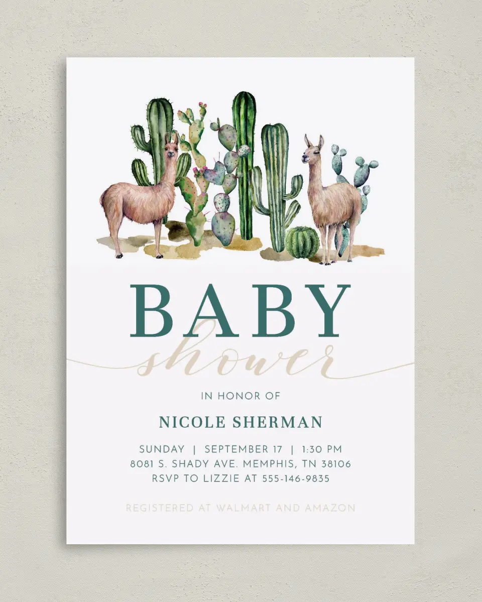 This is a 5" x 7" Baby Shower Invitation called Sweet Llamas printed in full color on Premium Smooth paper