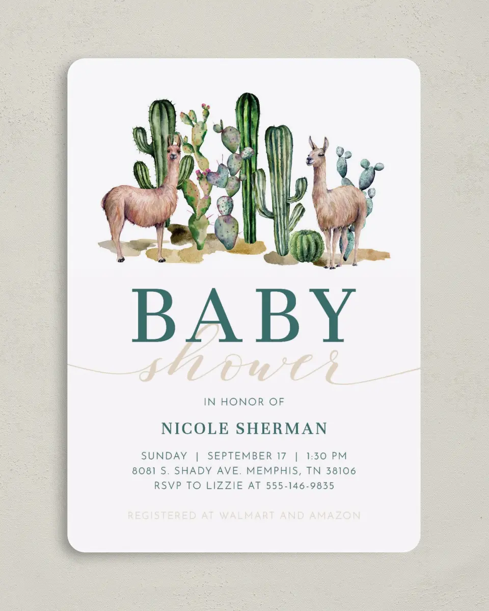 This is a 5" x 7" Baby Shower Invitation called Sweet Llamas printed in full color on Premium Smooth paper