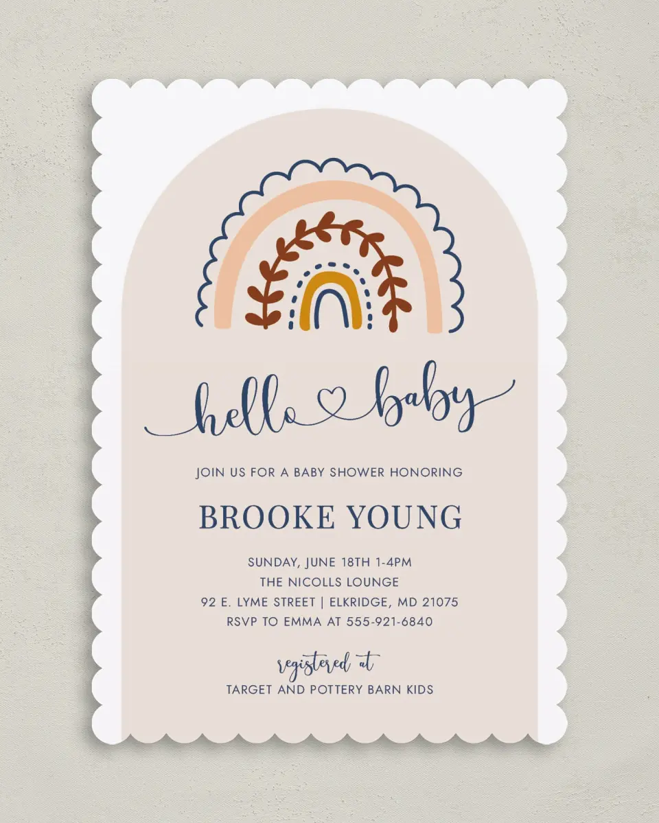 This is a 5" x 7" Baby Shower Invitation called Rainbow Hello printed in full color on Premium Smooth paper