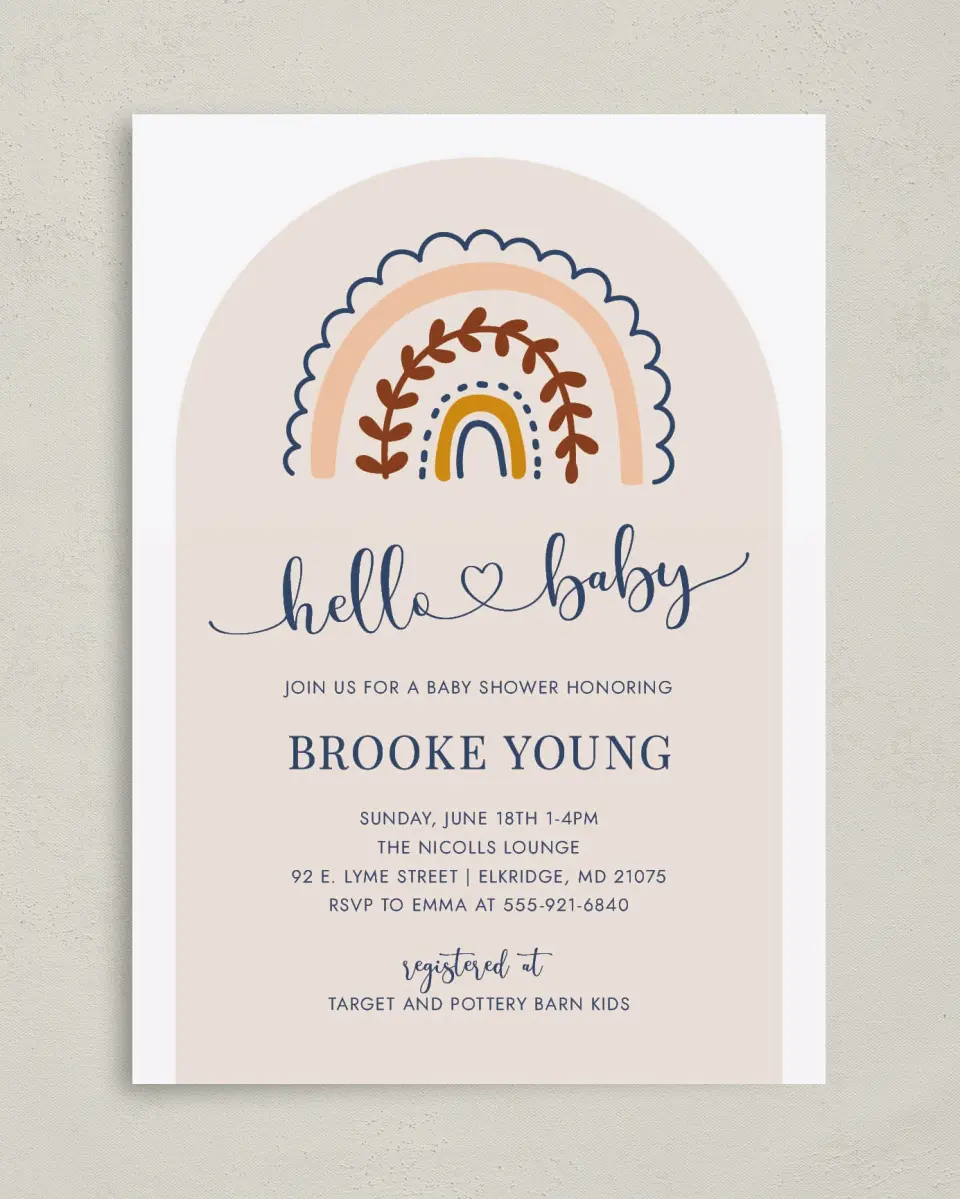 This is a 5" x 7" Baby Shower Invitation called Rainbow Hello printed in full color on Premium Smooth paper
