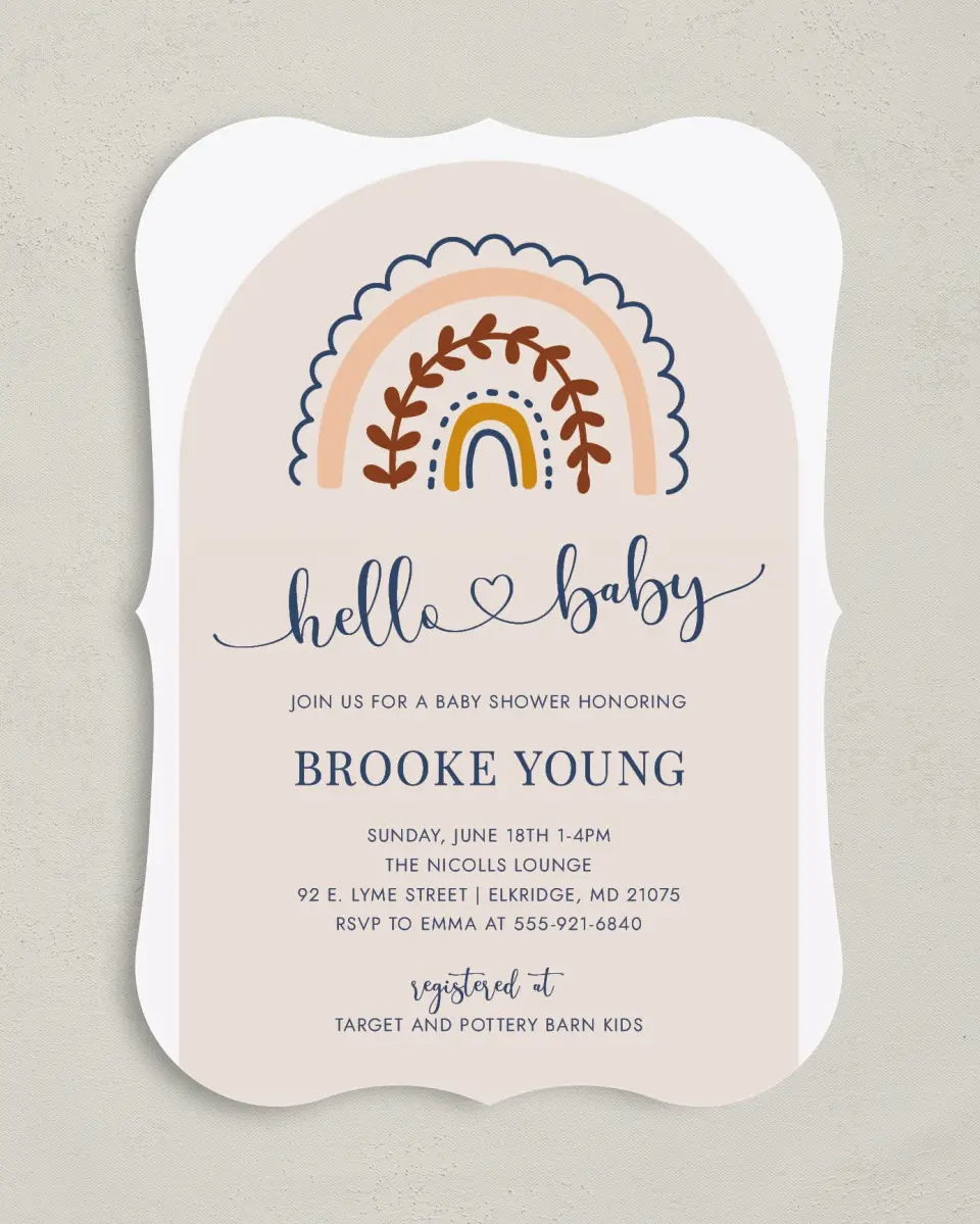 This is a 5" x 7" Baby Shower Invitation called Rainbow Hello printed in full color on Premium Smooth paper