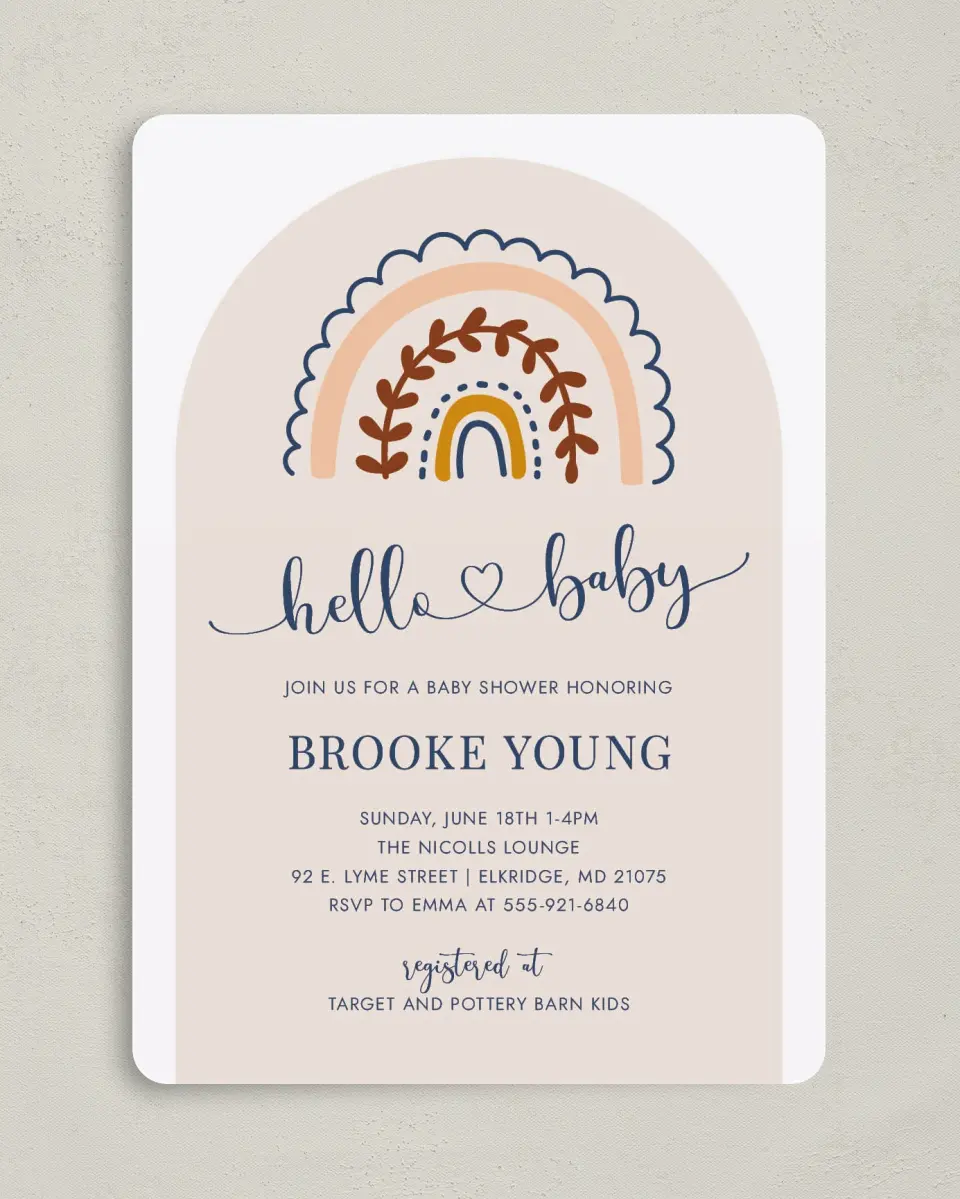This is a 5" x 7" Baby Shower Invitation called Rainbow Hello printed in full color on Premium Smooth paper