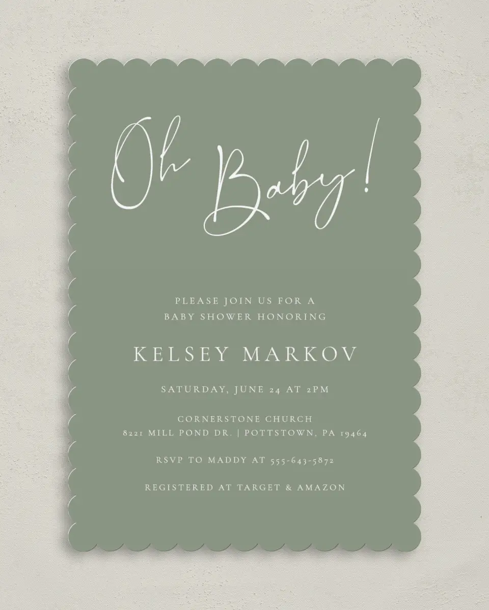 This is a 5" x 7" Baby Shower Invitation called Oh Baby printed in full color on Premium Smooth paper