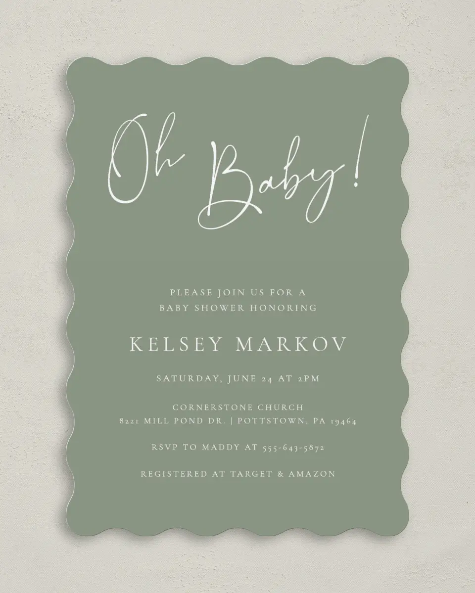 This is a 5" x 7" Baby Shower Invitation called Oh Baby printed in full color on Premium Smooth paper