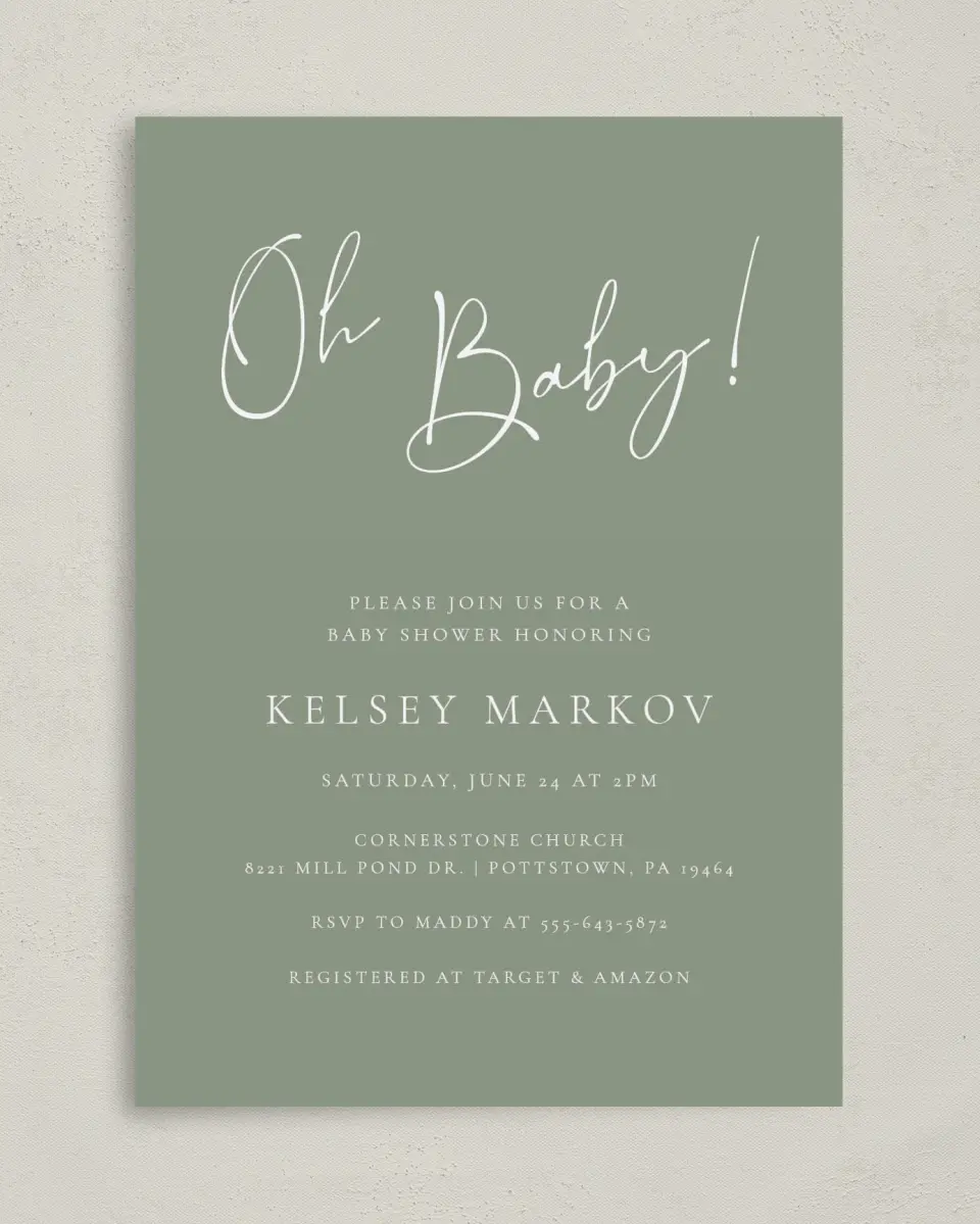 This is a 5" x 7" Baby Shower Invitation called Oh Baby printed in full color with Gold foil on Luxe Satin (coated) paper