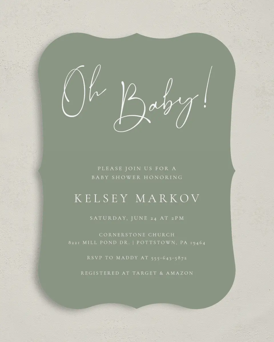 This is a 5" x 7" Baby Shower Invitation called Oh Baby printed in full color on Premium Smooth paper