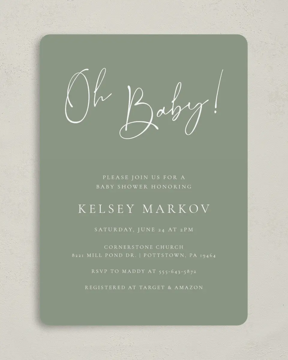 This is a 5" x 7" Baby Shower Invitation called Oh Baby printed in full color on Premium Smooth paper
