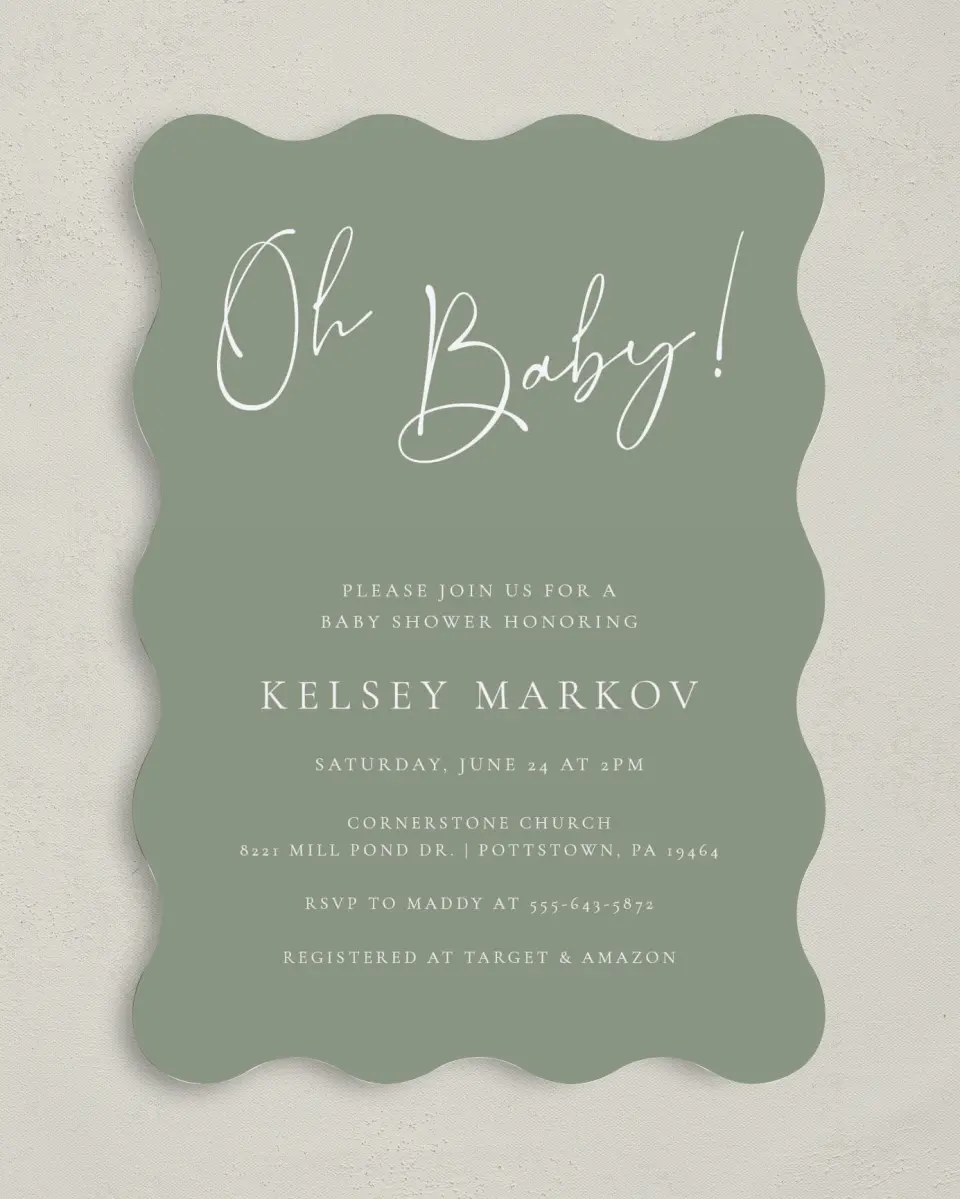 This is a 5" x 7" Baby Shower Invitation called Oh Baby printed in full color with Gold foil on Luxe Satin (coated) paper