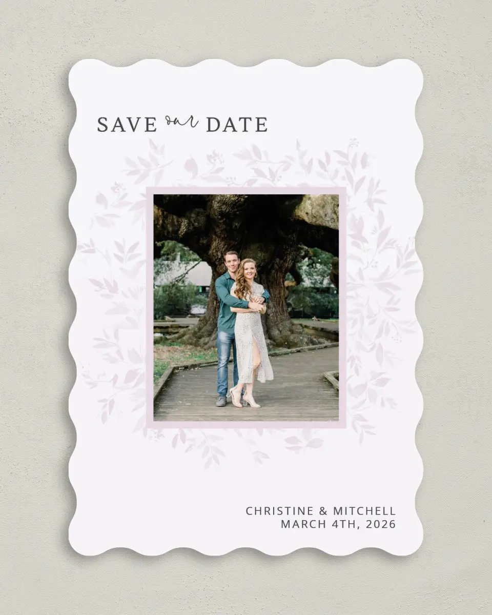 This is a 5" x 7" Save the Date Card called Lush Leaves printed in full color on Premium Smooth paper