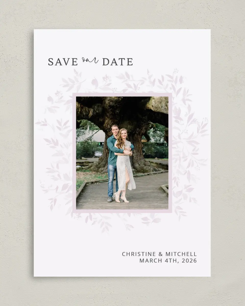 This is a 5" x 7" Save the Date Card called Lush Leaves printed in full color on Premium Smooth paper