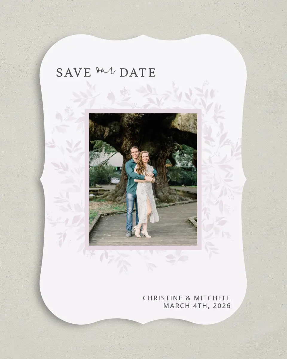 This is a 5" x 7" Save the Date Card called Lush Leaves printed in full color on Premium Smooth paper