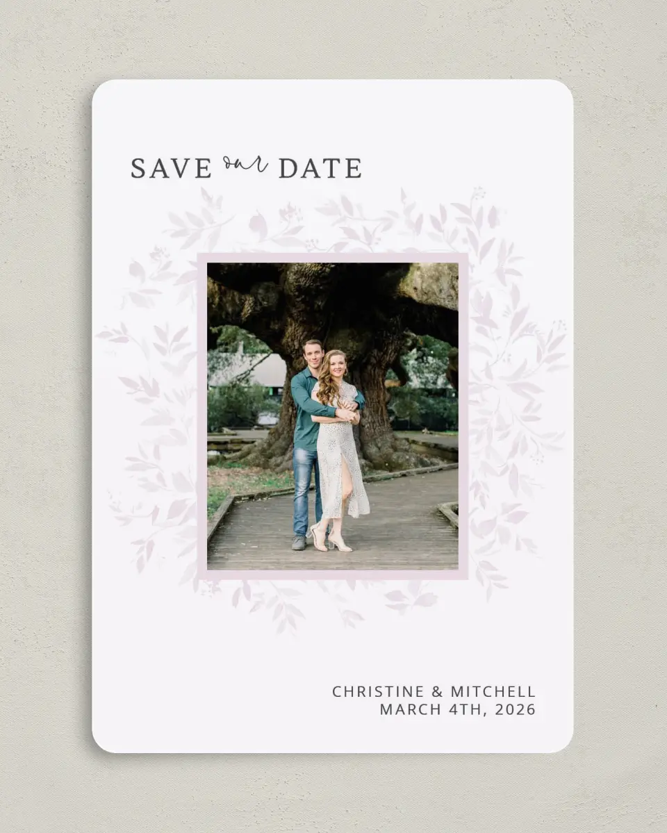 This is a 5" x 7" Save the Date Card called Lush Leaves printed in full color on Premium Smooth paper
