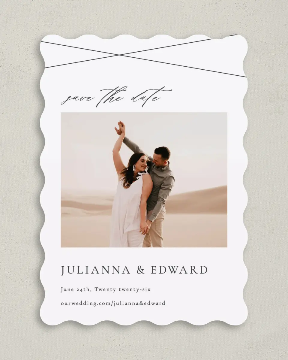This is a 5" x 7" Save the Date Card called Distinct Lines printed in full color on Premium Smooth paper