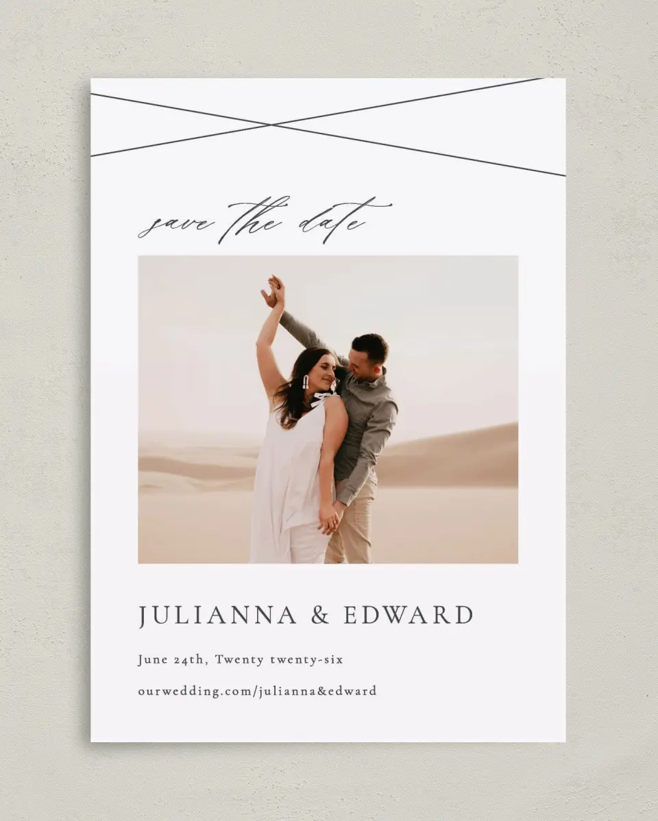 This is a 5" x 7" Save the Date Card called Distinct Lines printed in full color on Premium Smooth paper