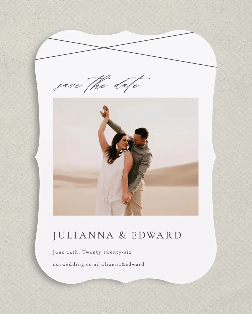 This is a 5" x 7" Save the Date Card called Distinct Lines printed in full color on Premium Smooth paper