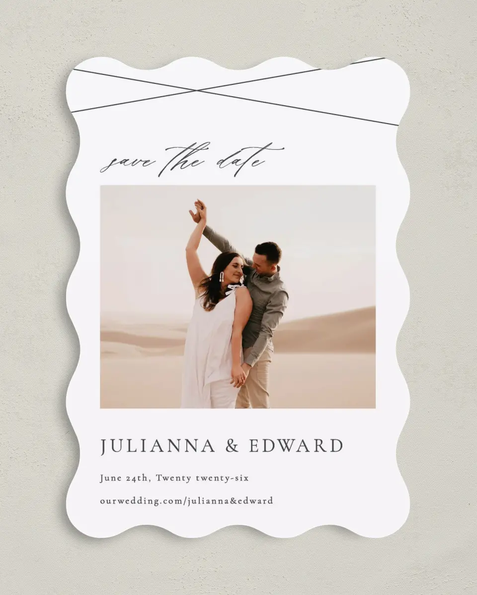 This is a 5" x 7" Save the Date Card called Distinct Lines printed in full color on Premium Smooth paper