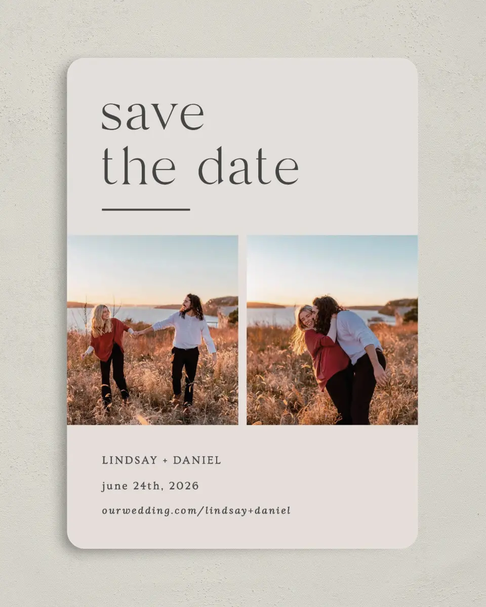 This is a 5" x 7" Save the Date Card called Simple Gathering printed in full color on Premium Smooth paper