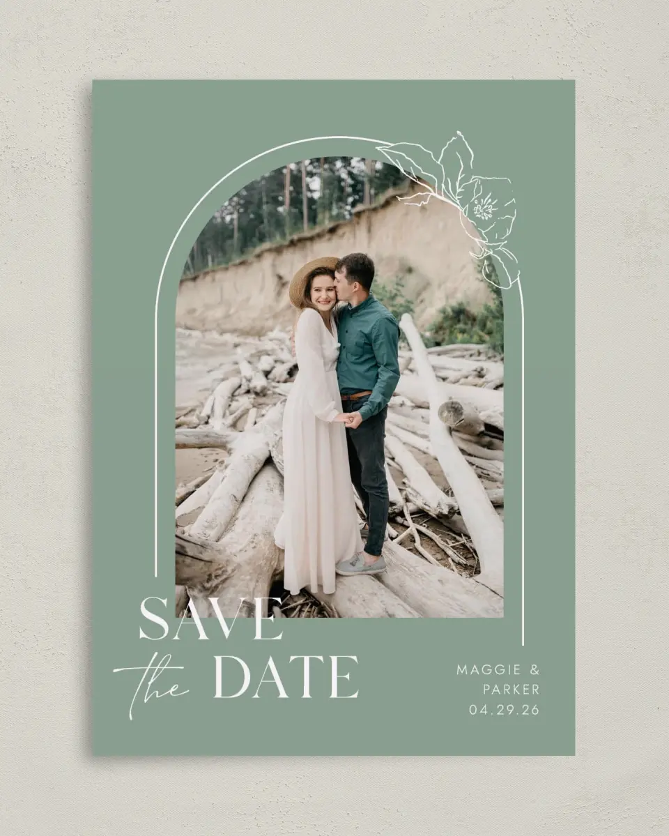 This is a 5" x 7" Save the Date Card called Blossoming Arch printed in full color on Premium Smooth paper